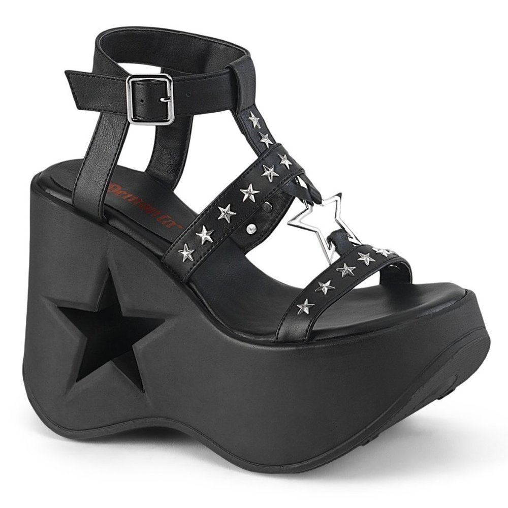 Demonia Black Star Platform Sandals with Silver Star Studs